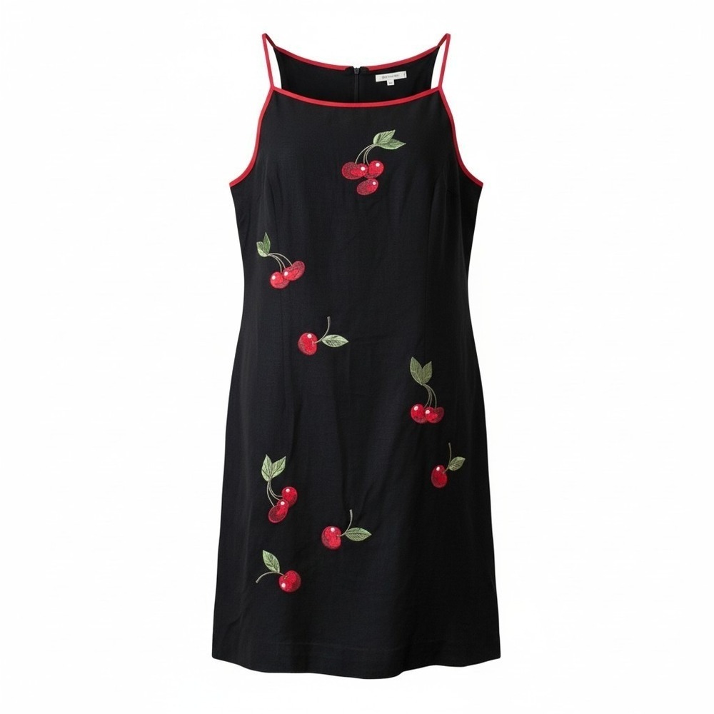 Bernie Dexter Cherry Embroidered Shift Dress S Black Red Rockabilly Retro